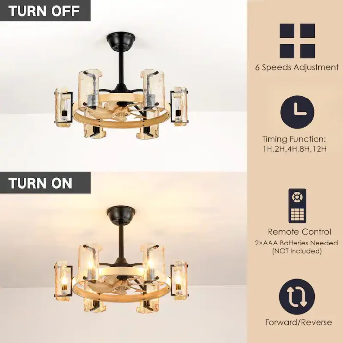 Hushwing Fandelier with Wood Grain Finish and Ripple Glass