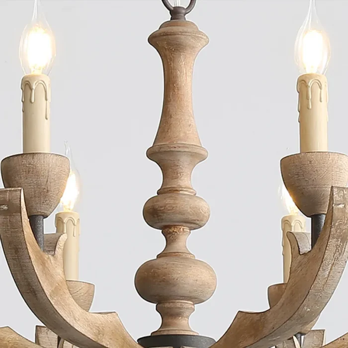 Hand-Carved Detail of Distressed Wood Chandelier