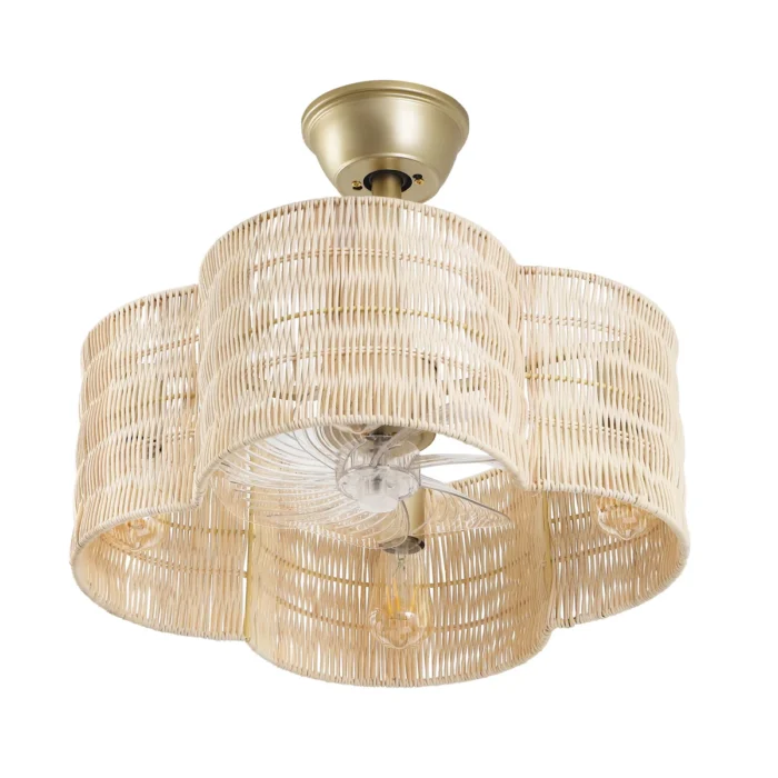 Gold Rattan Fandelier with Light and Clover Woven Shade