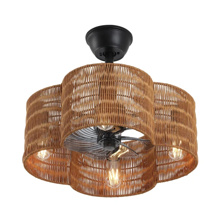 Black Rattan Fandelier with Light and Dark Brown Shade