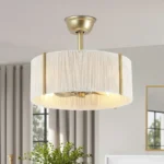 Gold Drum Fandelier with Fabric Shade in a Farmhouse Bedroom