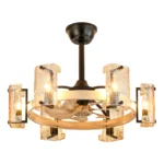 Modern Fandelier Ceiling Fan with Amber Glass and Wood Grain Finish