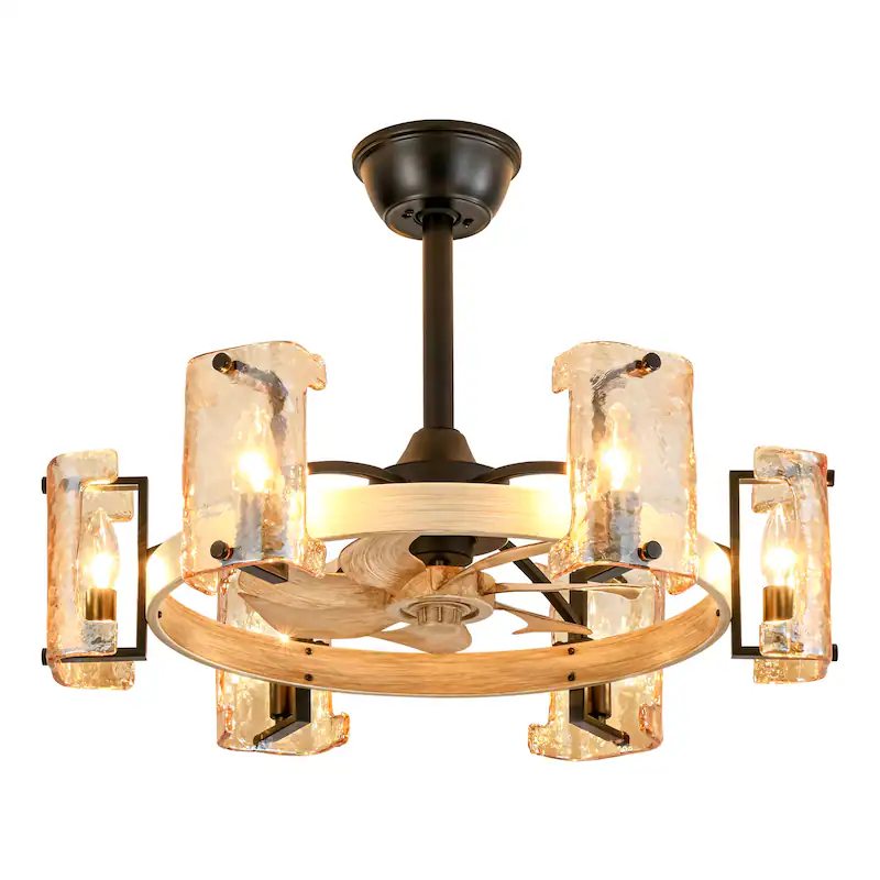 Modern Fandelier Ceiling Fan with Amber Glass and Wood Grain Finish