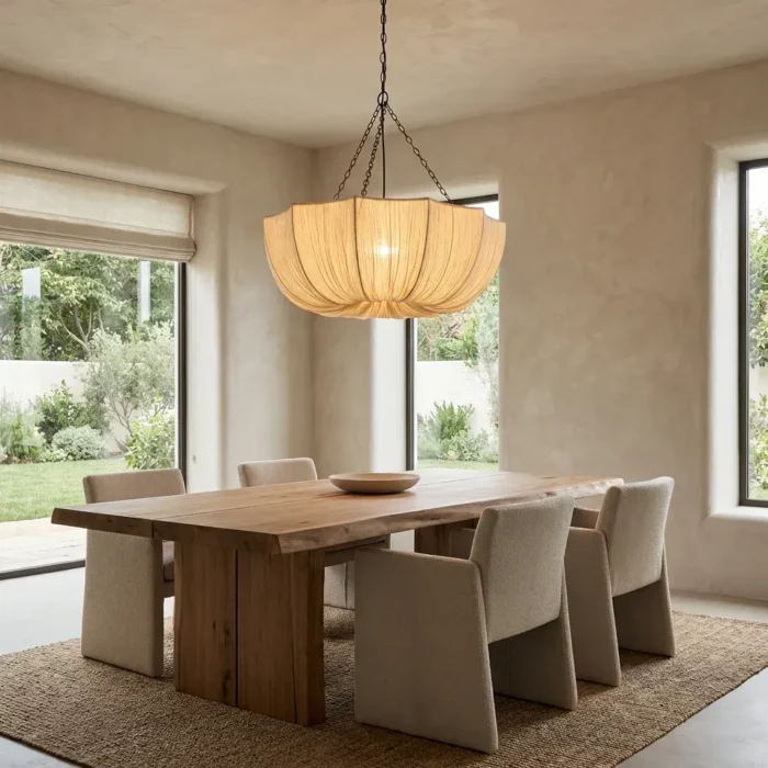 Pleated Fabric Chandelier over Oval Dining Table