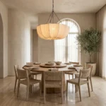 Pleated Fabric Chandelier over Oval Dining Table