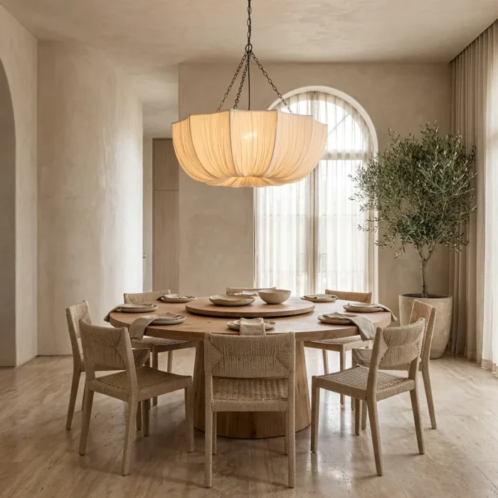 Pleated Fabric Chandelier over Oval Dining Table