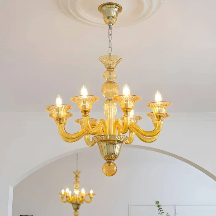 Amber Gold Blown Glass Chandelier 6-Light