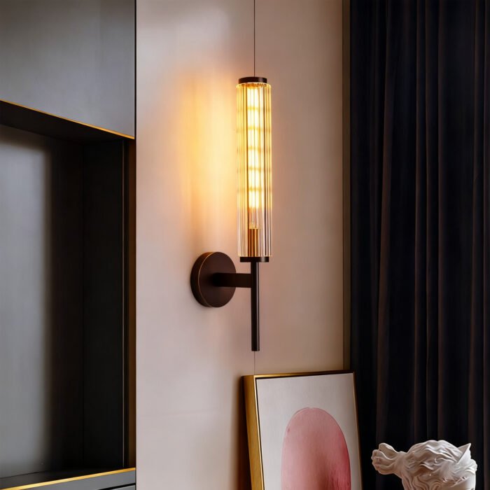 Luxury Living Room with 1 Ribbed Glass Copper Sconce