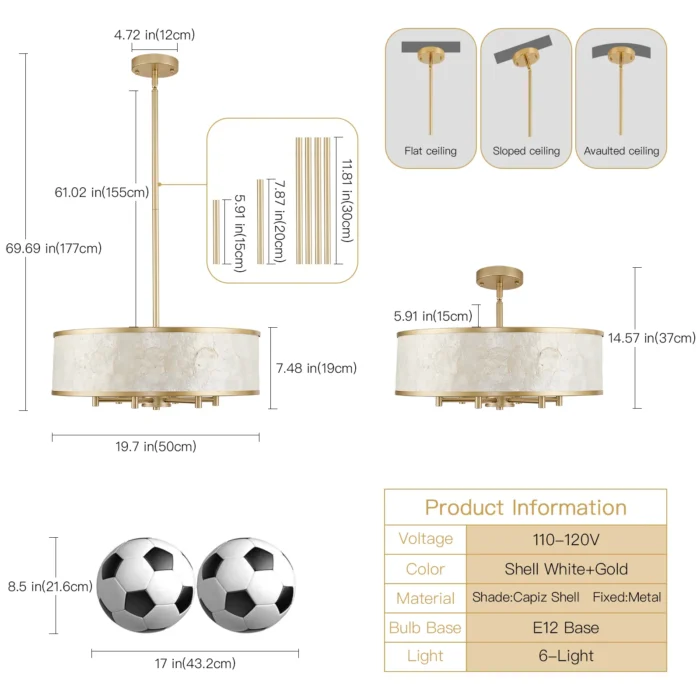 dimensions and specifications for the 20 inch capiz shell drum chandelier with adjustable downrods