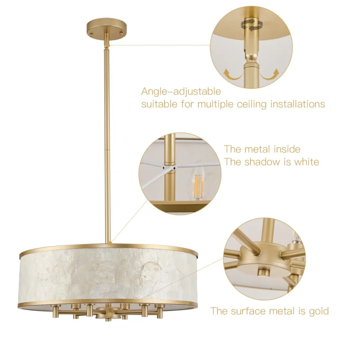 natural iridescent capiz shell textures on modern drum chandelier shade
