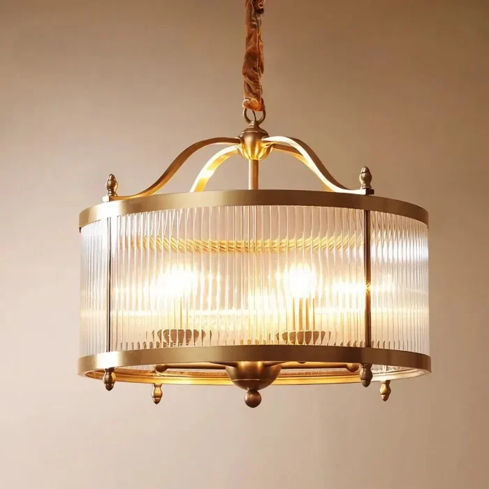 Luxury Vintage Brass Ribbed Glass Chandelier