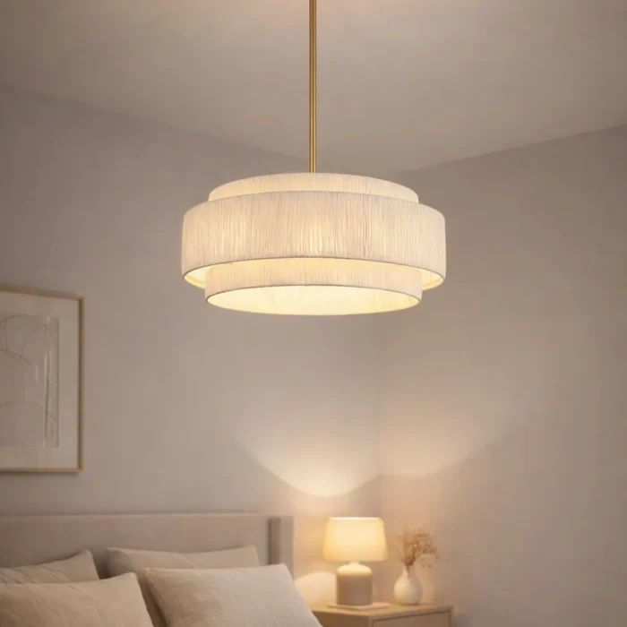 White Tiered Raffia Lamp in Modern Farmhouse Bedroom