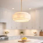 White Tiered Raffia Chandelier over Minimalist Dining Table