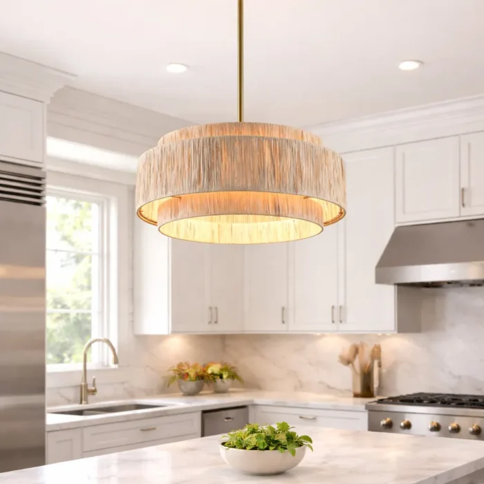 Organic Modern Living Room with Large Raffia Pendant