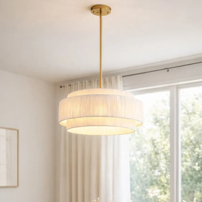 White Tiered Raffia Lamp in Modern Farmhouse Bedroom