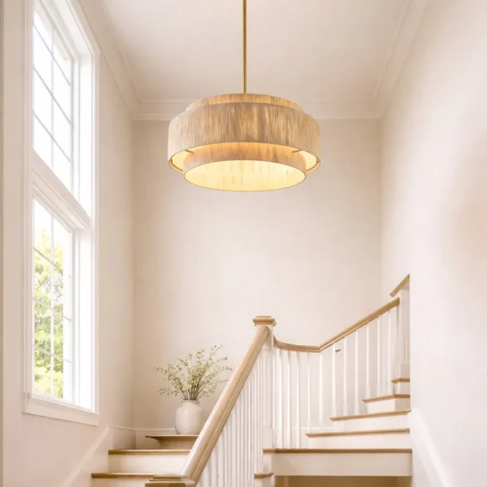 Organic Modern Living Room with Large Raffia Pendant