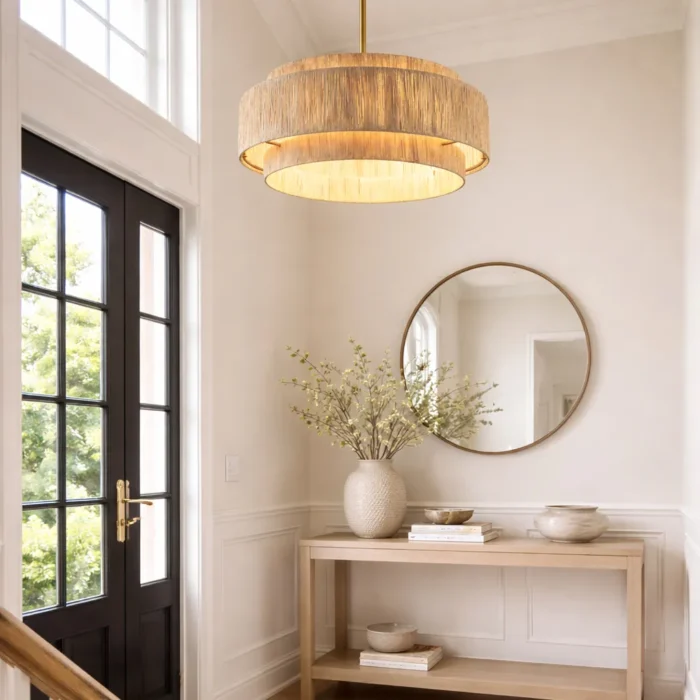 Organic Modern Living Room with Large Raffia Pendant