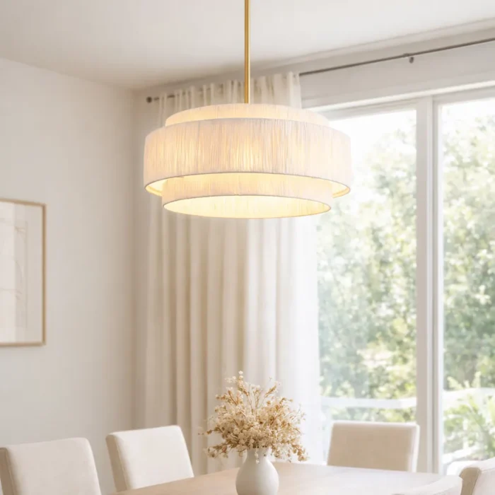 White Tiered Raffia Chandelier over Minimalist Dining Table