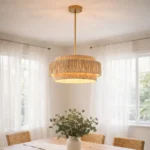 3-Tier Raffia Chandelier Over Round Dining Table