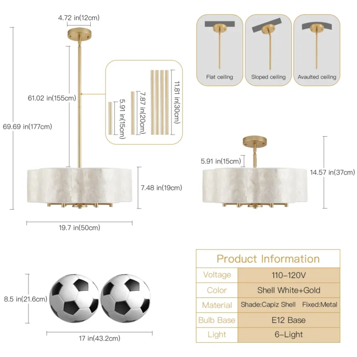 Scalloped Capiz Shell Chandelier Dimensions with Adjustable Rods 5.9in 7.8in 11.8in