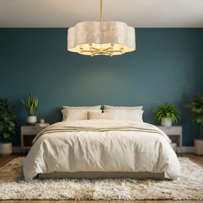 Modern Bedroom with Scalloped Flower Shell Chandelier