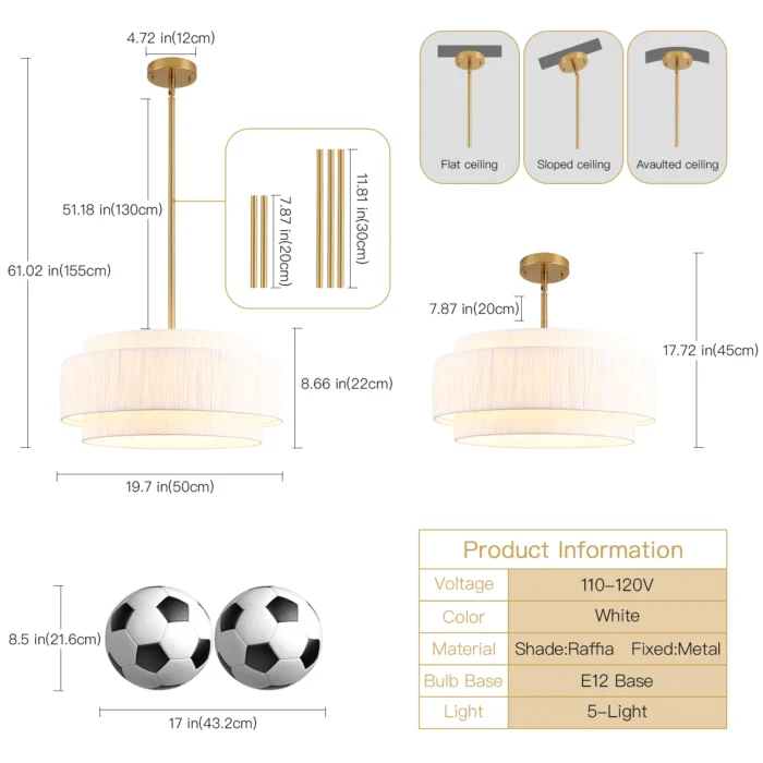 Dimensions of 50cm White Tiered Raffia Pendant Light